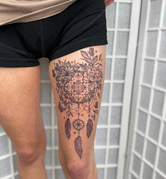 Big Mandala Floral Dreamcatcher on Men Thigh Tattoo by @mollypaigetattoos