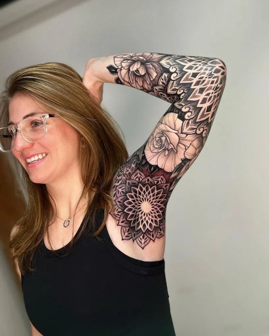 Big Mandala Floral Geometric on Women Arm Sleeve Tattoo by @fleur.tattoos