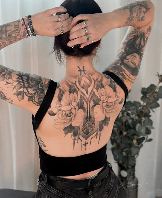 Big Mandala Floral Peonies on Women Back Tattoo by @kristinevodon