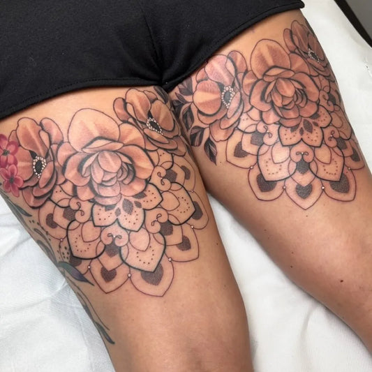Big Mandala Floral Poppies on Women Thigh Tattoo by @jessica_bank_