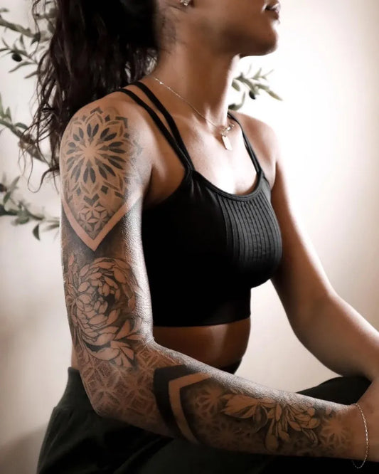 Big Mandala Floral Sleeve on Women Arm Tattoo by @els.inks