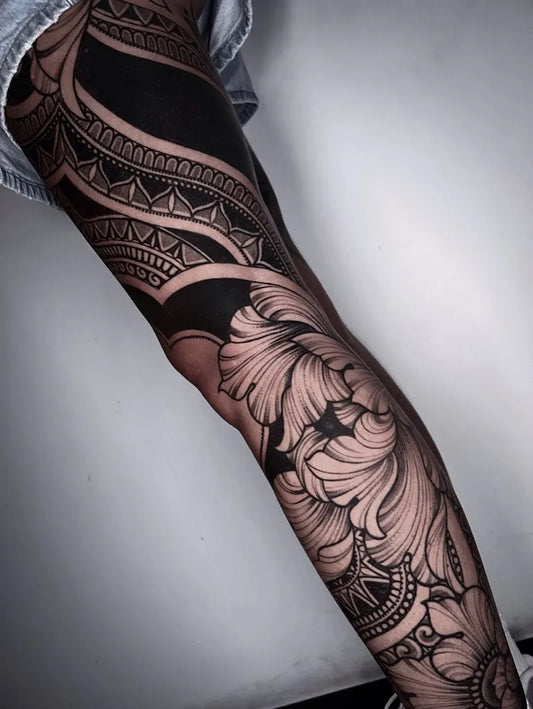 Big Mandala Floral Sleeve on Women Leg Tattoo by @giuliabolognatattooartist