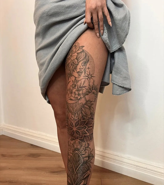 Big Mandala Floral Woman Leg Tattoo by @jo_ink94