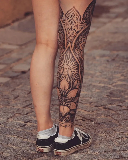 Big Mandala Floral on Women Leg Tattoo by @6rilink