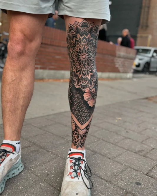 Big Mandala Flower Geometric on Men Leg Tattoo by @fleur.tattoos
