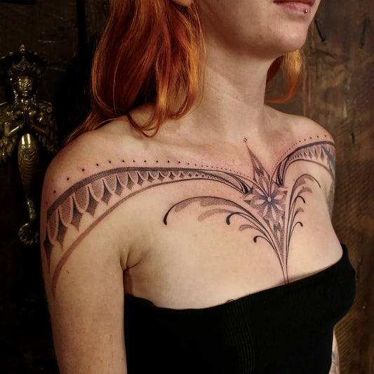 Big Mandala Flower Wings on Women Chest Tattoo by @kriyaluna