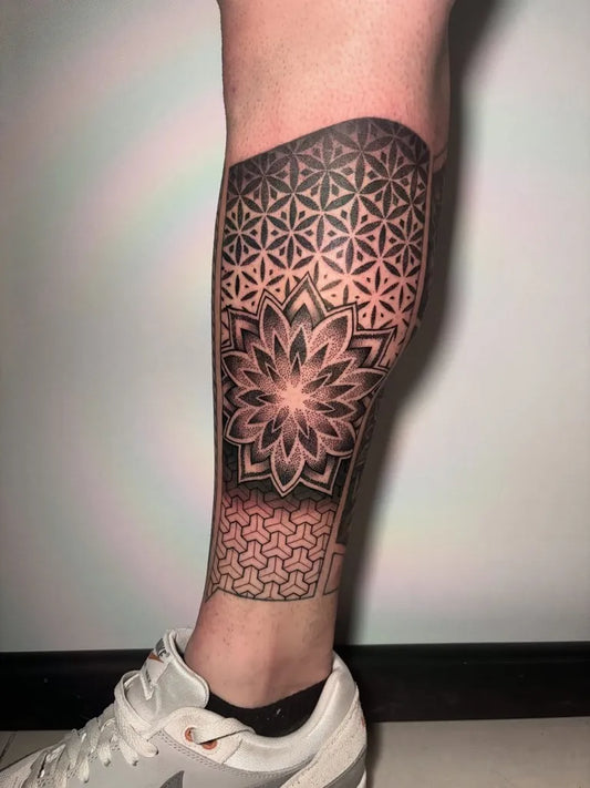 Big Mandala Flower on Men Leg Tattoo by @alicehopetattoo
