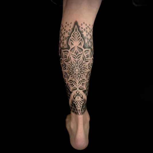 Big Mandala Flower on Men Leg Tattoo by @karentattooart