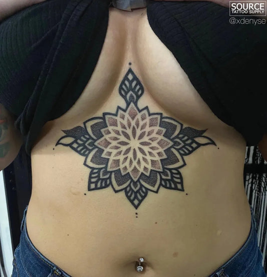 Big Mandala Flower on Women Sternum Tattoo by @xdenyse