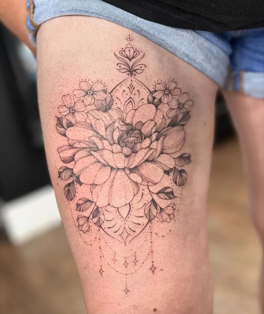 Big Mandala Flower on Women Thigh Tattoo by @caitlinn_artt