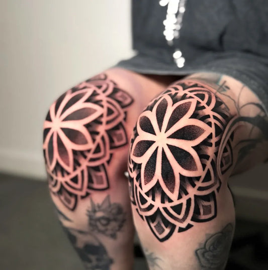 Big Mandala Flowers Tattoo on Women Knee by @monroe_tattoos