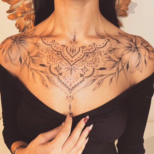 Big Mandala Flowers on Women Chest Tattoo by @fanny.loart.tattoo