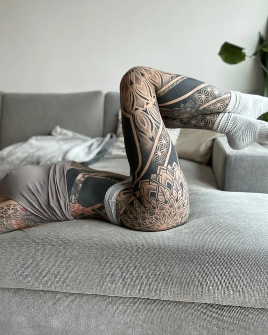 Big Mandala Geometric Leg on Women Thigh Tattoo by @eule_emma_