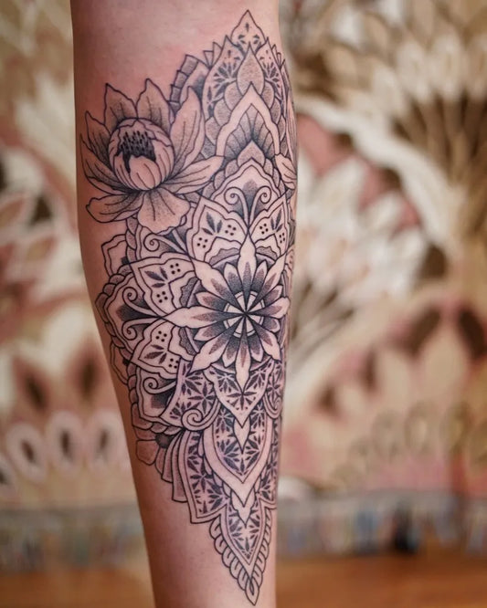 Big Mandala Lotus Mandala Tattoo on Women Arm by @lewdala