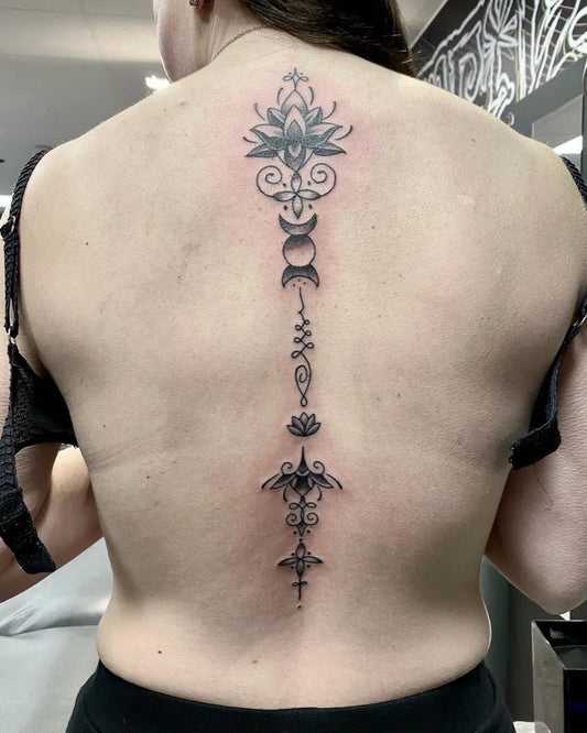 Big Mandala Moon Lotus on Women Spine Tattoo by @inkandfadeskvadrat