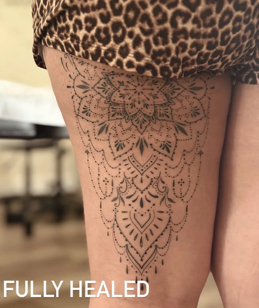 Big Mandala Motif on Women Thigh Tattoo by @miss__jsl