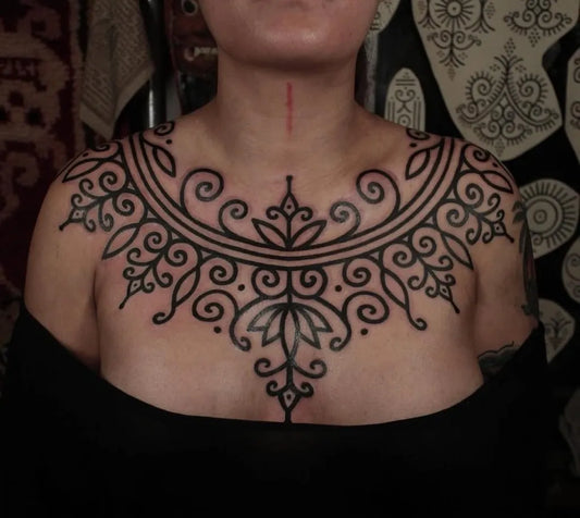 Big Mandala Necklace on Women Chest Tattoo by @tribalikuk