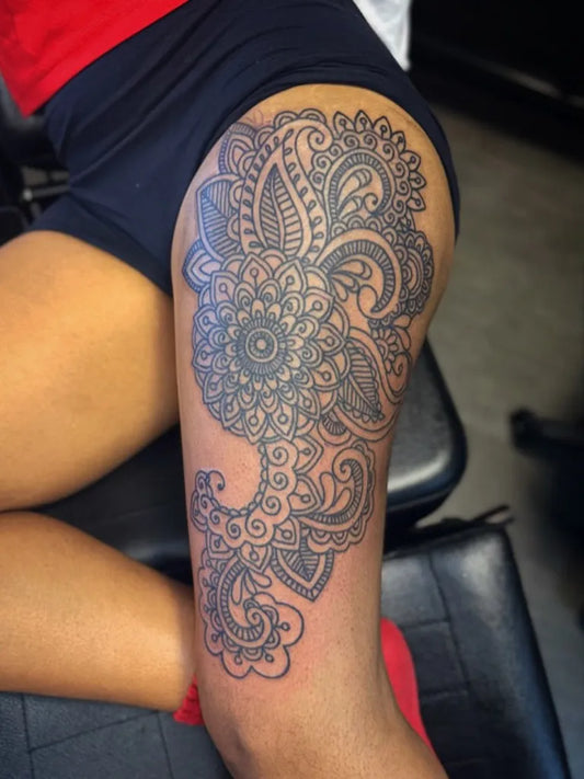 Big Mandala Paisley on Women Thigh Tattoo by @mrush76