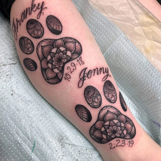 Big Mandala Paw Prints on Women Leg Tattoo by @kaitlintattoos