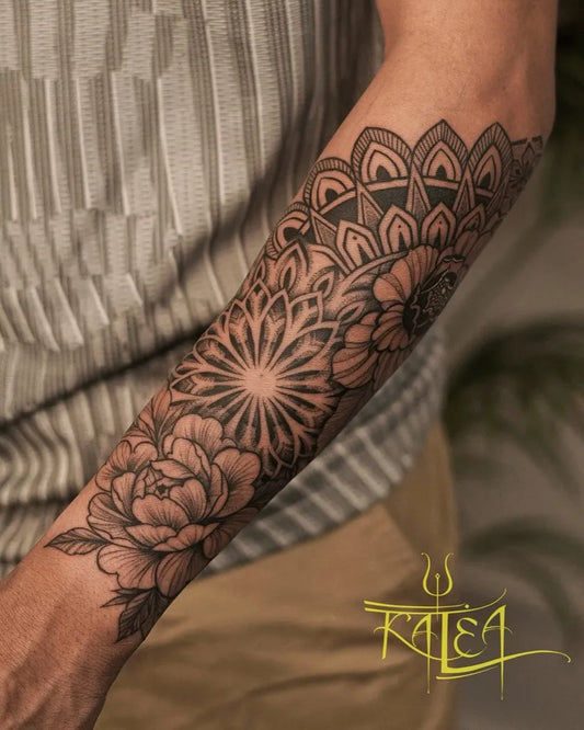 Big Mandala Peony Mandala Tattoo on Men Arm by @kalea_tattoo