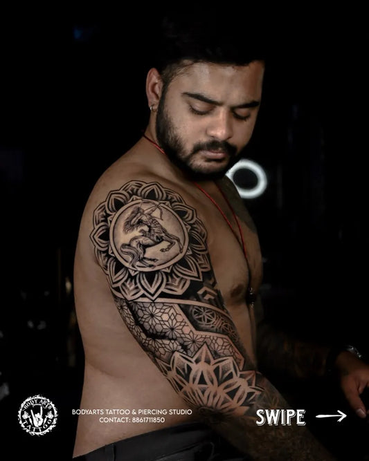 Big Mandala Sagittarius Horse Men Shoulder Tattoo on Men by @bodyarts_blr