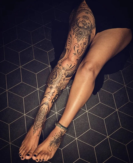 Big Mandala Skull Flowers on Women Leg Tattoo by @zong_theblackpeacock