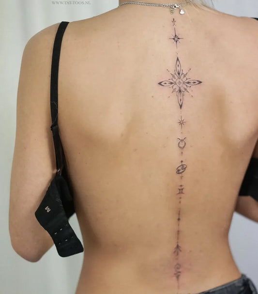 Big Mandala Star and Zodiac Symbols on Women Spine Tattoo by @tat_toos