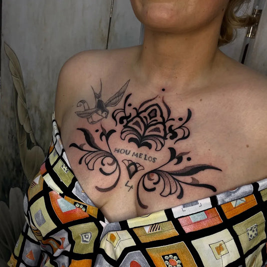 Big Mandala Swallow Diamond on Women Chest Tattoo by @elmedi.ink