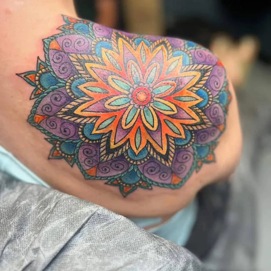 Big Mandala Tattoo on Women Shoulder by @splashtattoos