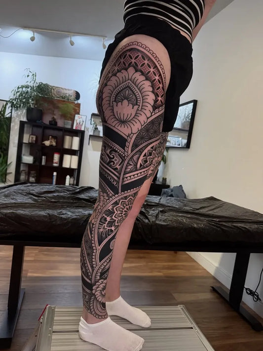 Big Mandala Thigh Piece on Women Leg Tattoo by @domjoeltattoo