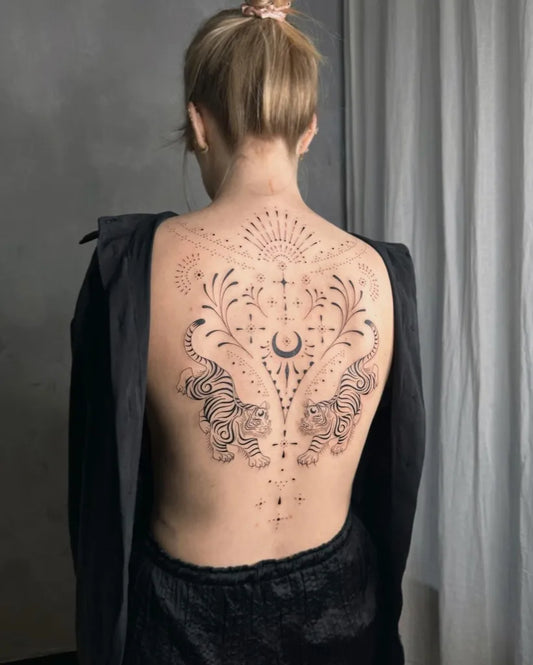 Big Mandala Tigers Elephants on Women Back Tattoo by @celestial.tattooist