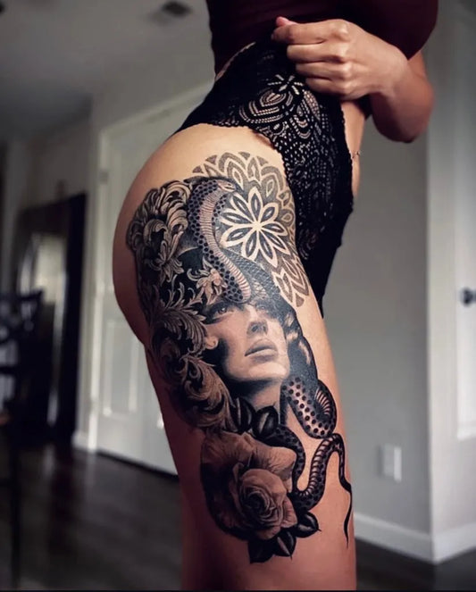 Big Mandala Woman Snake Rose on Women Thigh Tattoo by @dhtattoo