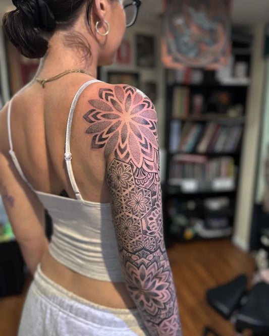 Big Mandala Women Shoulder Sleeve Tattoo by @joekintztattooing
