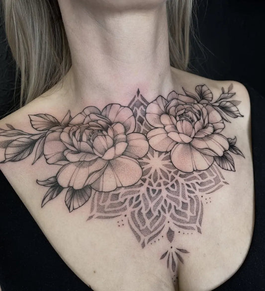Big Mandala and Rose on Women Chest Tattoo by @charlottetattoo