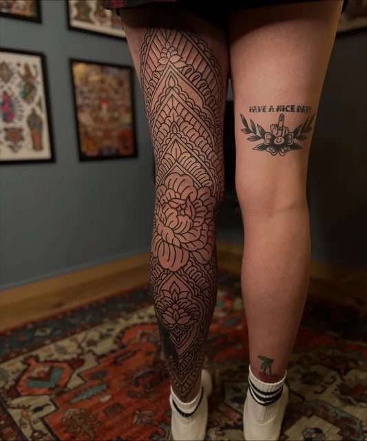 Big Mandala and Rose on Women Leg Tattoo by @sherinmariemavi