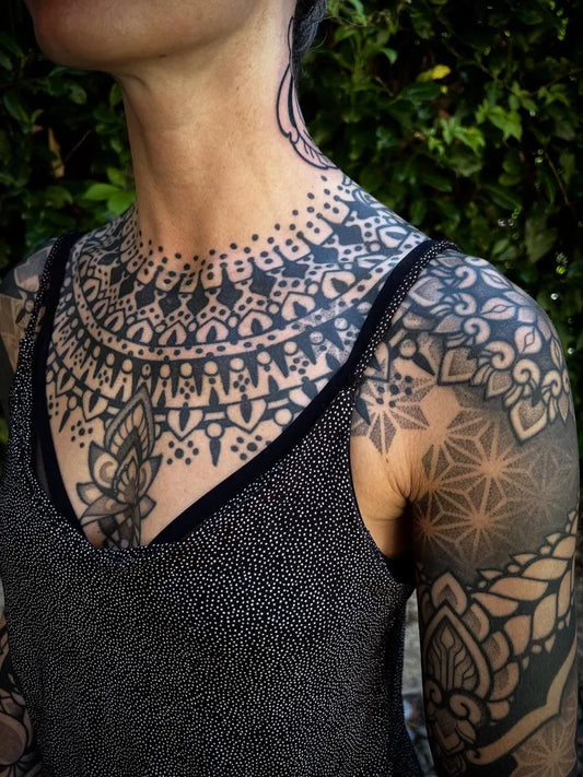 Big Mandala on Women Chest Tattoo by @alerosatattooer