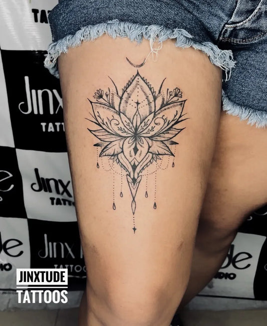 Big Mandala on Women Thigh Tattoo by @oscarjoseph