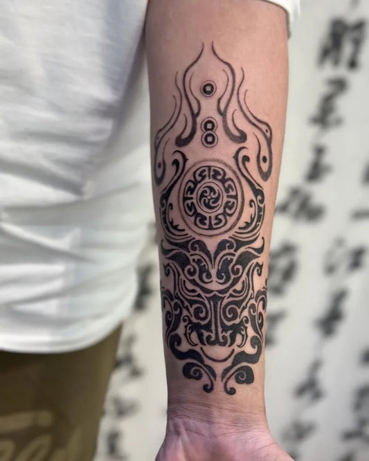 Big Maori inspired Fire and Spiral Motifs on Men Arm Tattoo by @inkjectionyf