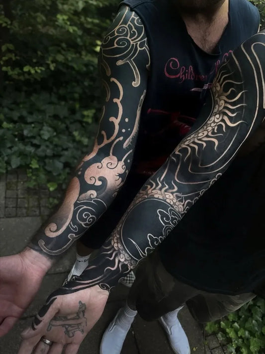 Big Matching Blackwork Dragon Sleeve Tattoo on Men Arm by @irezumiartist