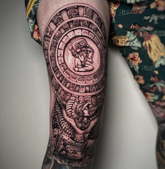 Big Mesoamerican Calendar Wheel Warrior on Men Thigh Tattoo by @dead_im_sure