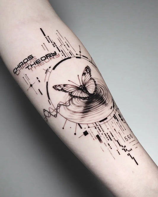 Big Micro Realism Chaos Theory Butterfly on Women Arm Tattoo by @sammillidgetattoo