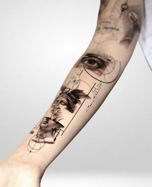 Big Micro Realism Eye Face Wing on Men Arm Tattoo by @loyaltytattoobcn