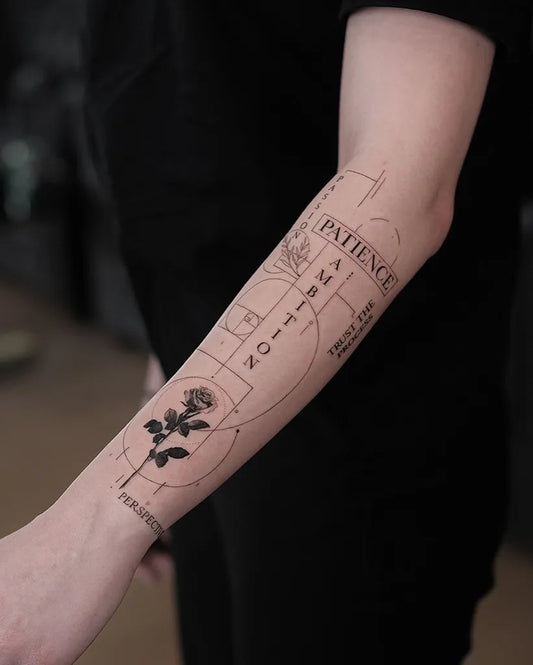 Big Micro Realism Geometric Rose and Patience Text on Women Arm Tattoo by @vladoleynikov1