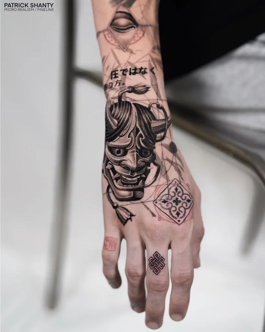 Big Micro Realism Hannya Mask Geometric Patterns Japanese Script on Men Forearm Tattoo by @patrick_shanty