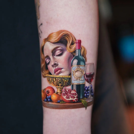 Big Micro Realism Woman with Wine and Fruit on Women Arm Tattoo by @ruk_amara