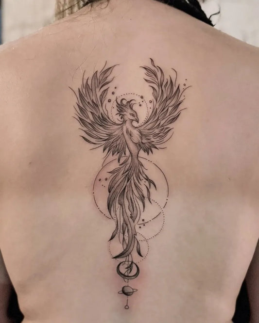 Big Minimalist Phoenix Geometric Circle on Women Back Tattoo by @roji_tattooer