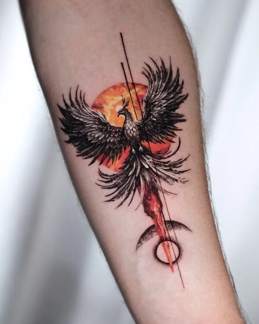 Big Minimalist Phoenix Sun Tail Men on Arm Tattoo by @serkandemirboga