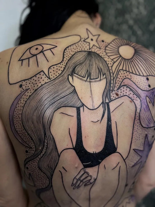 Big Minimalist Woman with Eye and Stars on Women Back Tattoo by @capitaineplum