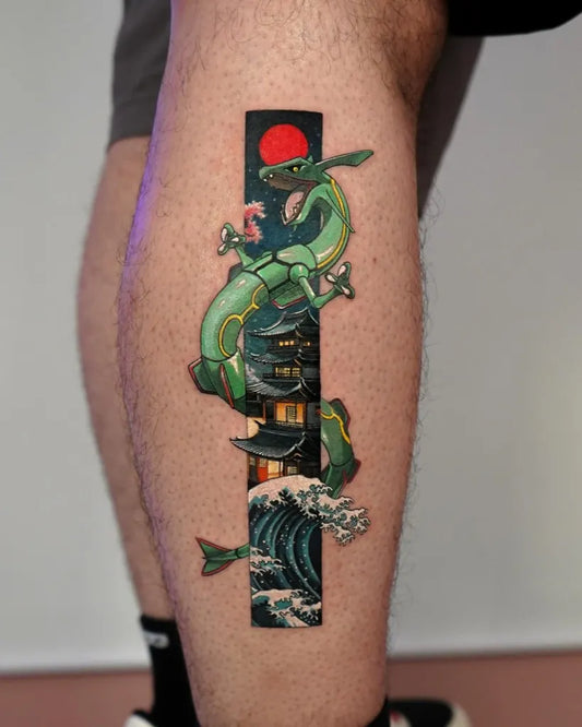 Big ModernJapanese PokemonDragonRayquaza Tattoo on Men Leg by @tattooist_eq