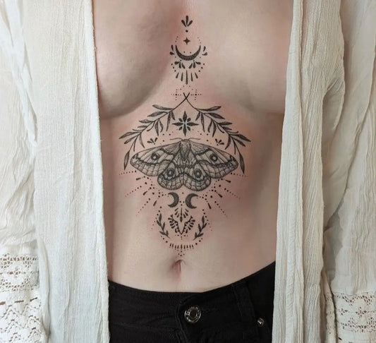 Big Mystical Moth and Lunar Motifs on Women Sternum Tattoo by @unit__two
